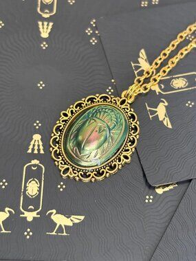 Egyptian Revival Metallic Gold Green Scarab Necklace